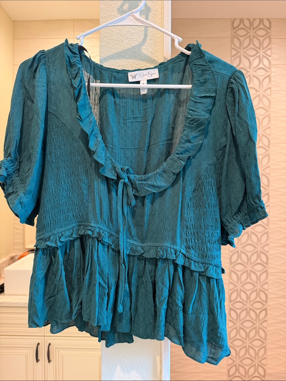 Jessica Simpson Teal Ruffled Tie-Front Peasant Blouse